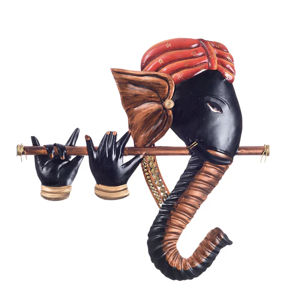 Metal Ganesha With Basuri In Black Wall Art