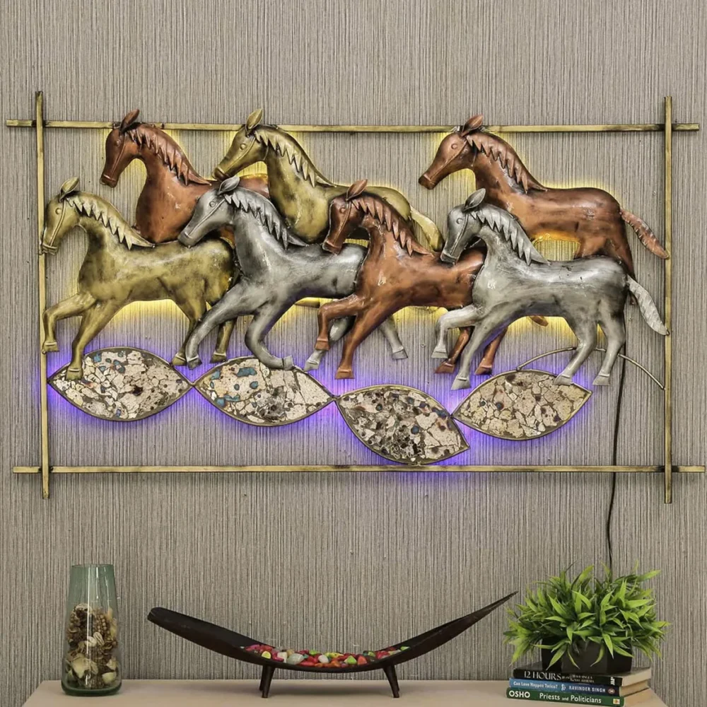 Metal Multicolour Running Horse In Frame With LED Wall Art