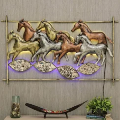 Metal Multicolour Running Horse In Frame With LED Wall Art