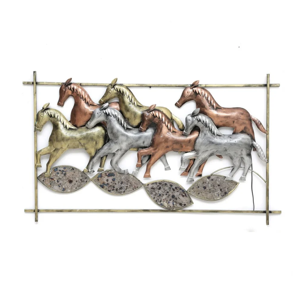 Metal Multicolour Running Horse In Frame With LED Wall Art