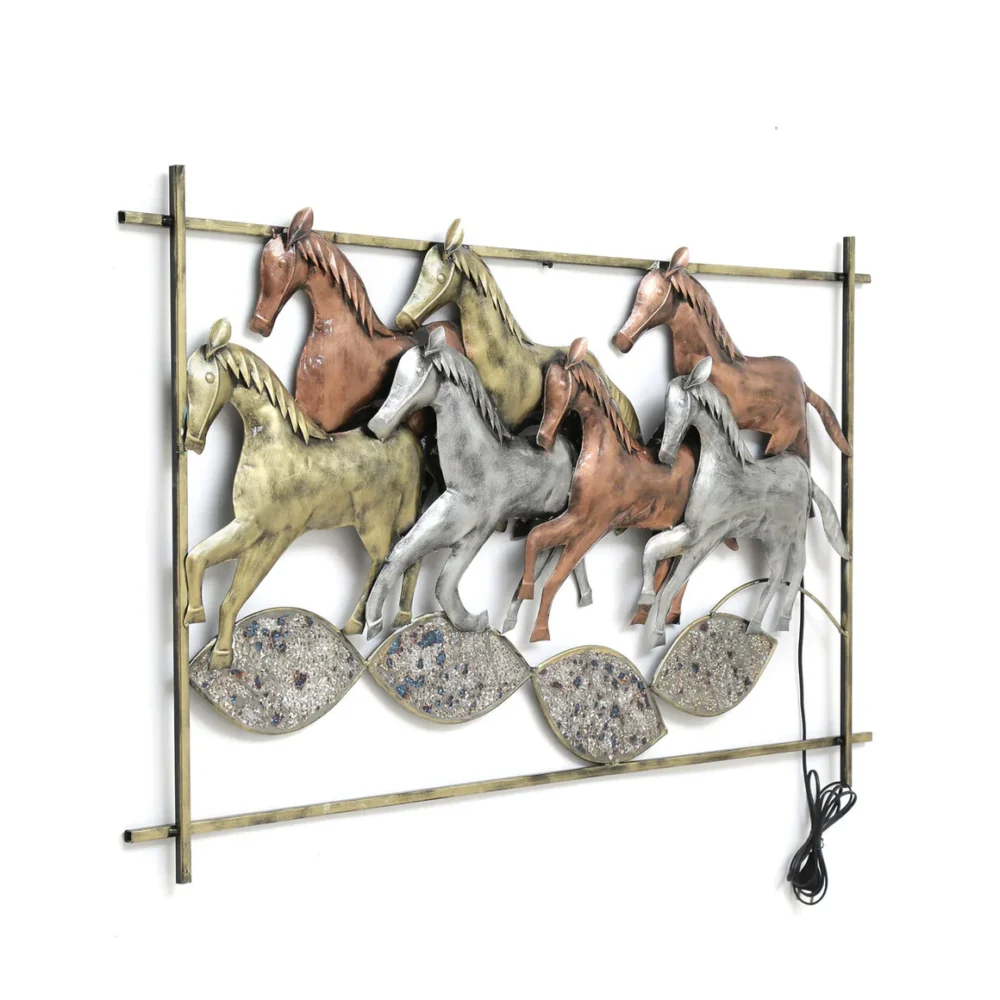 Metal Multicolour Running Horse In Frame With LED Wall Art