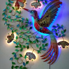 Colourful metal humming bird LED wall art